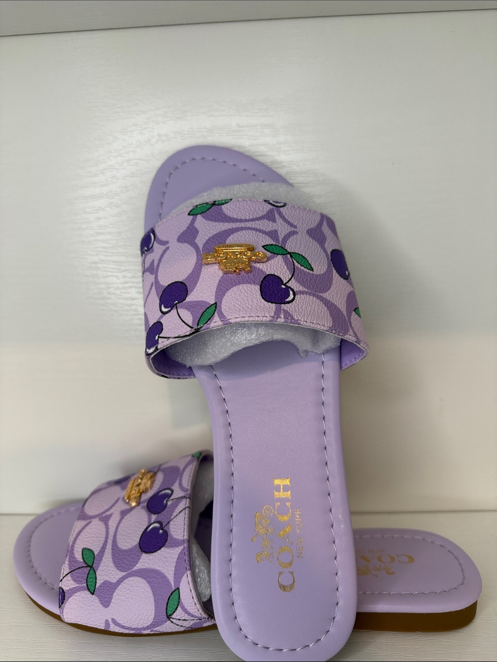 Coach Lavender Cherry Print Slide Sandals with Gold Logo
